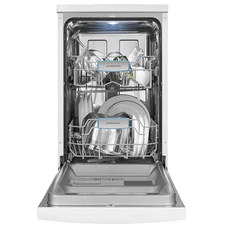 Посудомоечная машина узкая отдельностоящая MEFERI MDW4562WH FS LIGHT, 45 см, 9 комплектов посуды, 6 программ, 2 корзины, половинная загрузка, отсрочка, таймер, защита от протечек, внутренняя подсветка