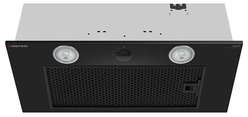 Вытяжка кухонная MEFERI INBOX60BK PUSH COMFORT, 60 см, встраиваемая, черная, производительность 950 м3/ч, 3 скорости, с утапливаемым переключателем, низкий уровень шума, режимы отвод и рециркуляция, гарантия 3 года