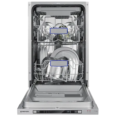 Посудомоечная машина узкая встраиваемая MEFERI MDW4573 ULTRA, 45 см, 10 комплектов посуды, 7 программ, 3 корзины, защита от протечек, луч на полу, внутренняя подсветка, половинная загрузка, отсрочка, таймер
