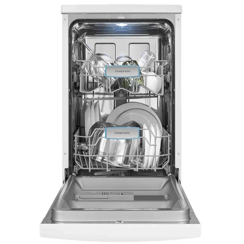 Посудомоечная машина узкая отдельностоящая MEFERI MDW4562WH FS LIGHT, 45 см, 9 комплектов посуды, 6 программ, 2 корзины, половинная загрузка, отсрочка, таймер, защита от протечек, внутренняя подсветка - изображение posudomoechnaya_mashina_otdelnostoyashchaya_mdw4562wh_fs_light  