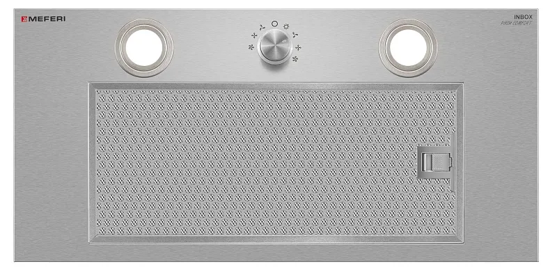 Вытяжка кухонная MEFERI INBOX60IX PUSH COMFORT, 60 см, встраиваемая, нержавеющая сталь, инверторный мотор, производительность 900 м3/ч, 3 скорости, с утапливаемым переключателем, низкий уровень шума, режимы отвод и рециркуляция, гарантия 3 года
