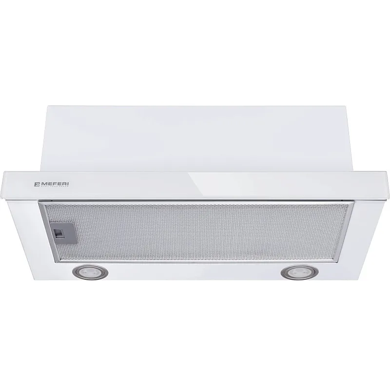 Вытяжка телескопическая кухонная MEFERI SLIDEBOX60WH GLASS ULTRA, 60 см, белая, стекло, производительность 850 м3/ч, 2 скорости, низкий уровень шума, режимы отвод и рециркуляция, гарантия 3 года