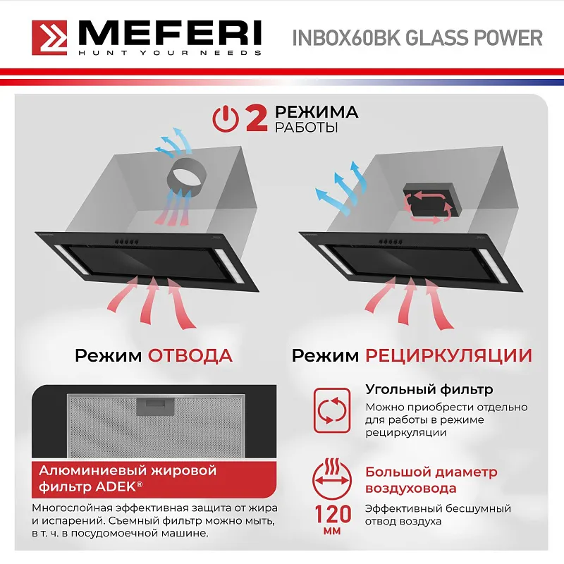 Вытяжка кухонная MEFERI INBOX60BK GLASS POWER, 60 см, встраиваемая, черная, стекло, производительность 900 м3/ч, 3 скорости, низкий уровень шума, режимы отвод и рециркуляция, гарантия 3 года