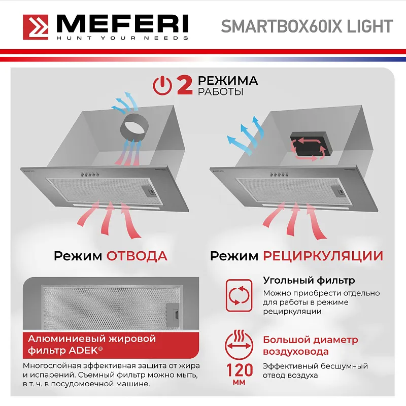 Вытяжка кухонная MEFERI SMARTBOX60IX LIGHT, 60 см, встраиваемая, серая, производительность 650 м3/ч, 3 скорости, низкий уровень шума, режимы отвод и рециркуляция, гарантия 3 года