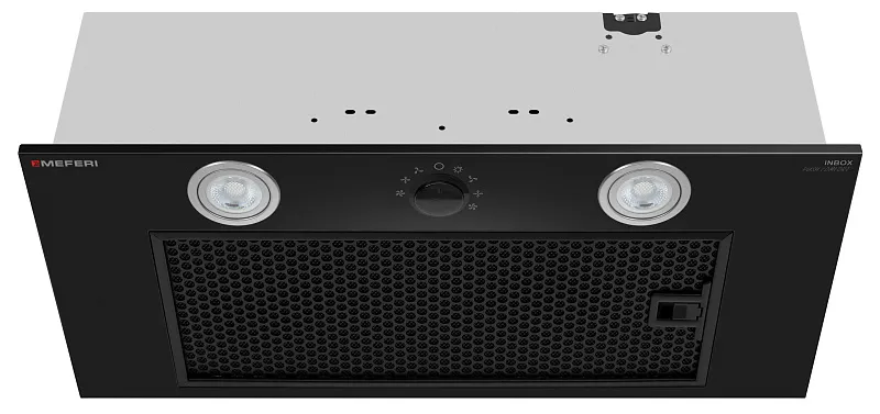 Вытяжка кухонная MEFERI INBOX60BK PUSH COMFORT, 60 см, встраиваемая, черная, производительность 950 м3/ч, 3 скорости, с утапливаемым переключателем, низкий уровень шума, режимы отвод и рециркуляция, гарантия 3 года