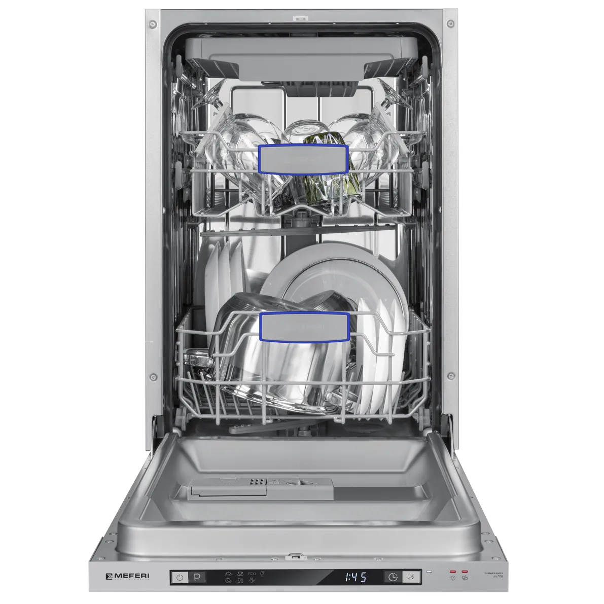 Посудомоечная машина узкая встраиваемая MEFERI MDW4573 ULTRA, 45 см, 10 комплектов посуды, 7 программ, 3 корзины, защита от протечек, луч на полу, внутренняя подсветка, половинная загрузка, отсрочка, таймер Посудомоечная машина узкая встраиваемая MEFERI MDW4573 ULTRA, 45 см, 10 комплектов посуды, 7 программ, 3 корзины, защита от протечек, луч на полу, внутренняя подсветка, половинная загрузка, отсрочка, таймер