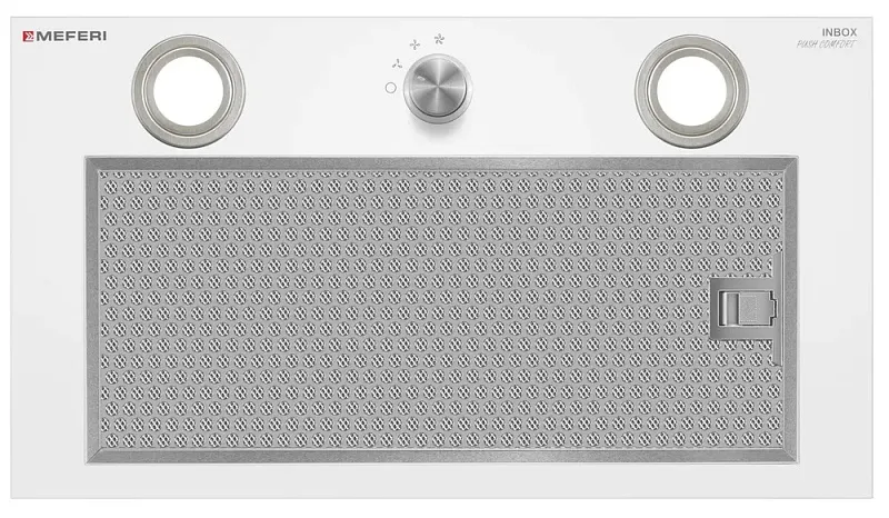 Вытяжка кухонная MEFERI INBOX52WH PUSH COMFORT, 52 см, встраиваемая, белая, производительность 950 м3/ч, 3 скорости, с утапливаемым переключателем, низкий уровень шума, режимы отвод и рециркуляция, гарантия 3 года