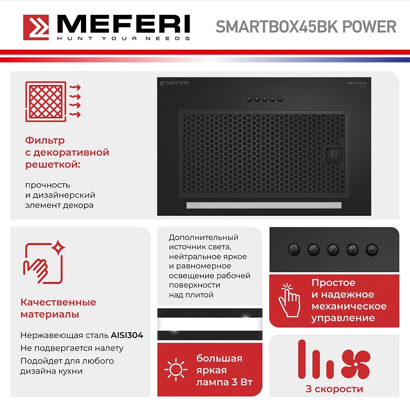 Вытяжка кухонная MEFERI SMARTBOX45BK POWER, 45 см, встраиваемая, черная, производительность 900 м3/ч, 3 скорости, низкий уровень шума, режимы отвод и рециркуляция, гарантия 3 года