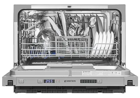 Компактная посудомоечная машина узкая встраиваемая MEFERI MDW4563 COMPACT POWER, 45 см, 6 комплектов посуды, защита от протечек, дозагрузка посуды, отсрочка, таймер