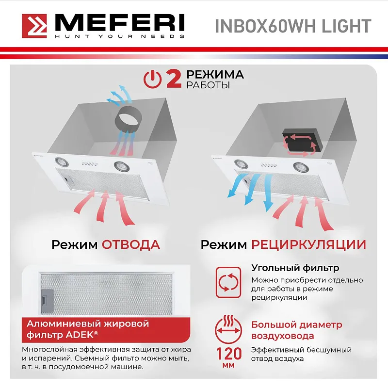 Вытяжка кухонная MEFERI INBOX60WH LIGHT, 60 см, полновстраиваемая, белая, производительность 650 м3/ч, 3 скорости, низкий уровень шума, режимы отвод и циркуляция, гарантия 3 года
