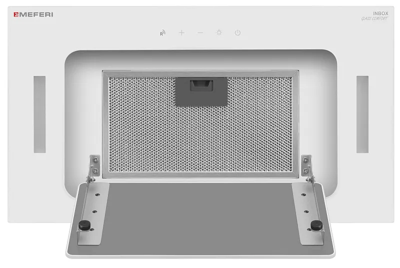Вытяжка кухонная MEFERI INBOX52WH GLASS COMFORT, 52 см, встраиваемая, белая, стекло, производительность 950 м3/ч, 3 скорости, низкий уровень шума, режимы отвод и рециркуляция, пульт дистанционного управления, гарантия 3 года