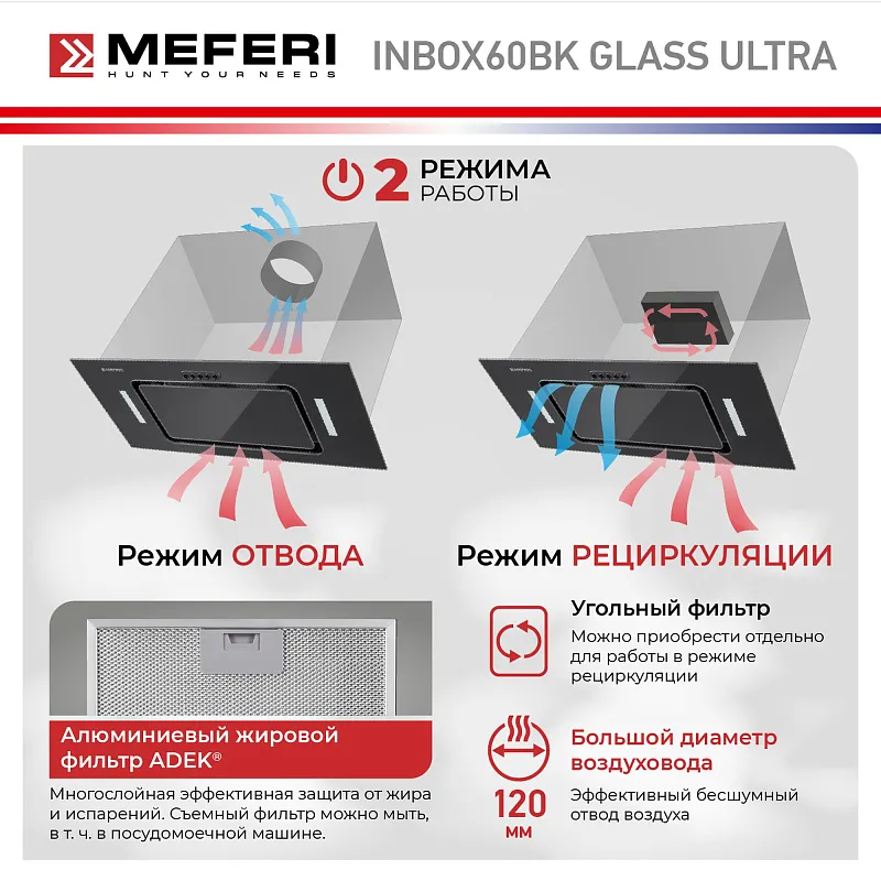 Вытяжка кухонная MEFERI INBOX60BK GLASS ULTRA, 60 см, встраиваемая, черная, стекло, производительность 900 м3/ч, 3 скорости, низкий уровень шума, режимы отвод и рециркуляция, гарантия 3 года