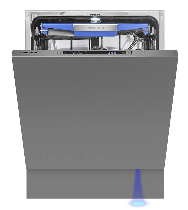 Посудомоечная машина встраиваемая MEFERI MDW6073 COMFORT, 60 см, напольная, 14 комплектов посуды, 7 программ, 3 корзины, автооткрывание, аквастоп, луч на полу, внутренняя подсветка