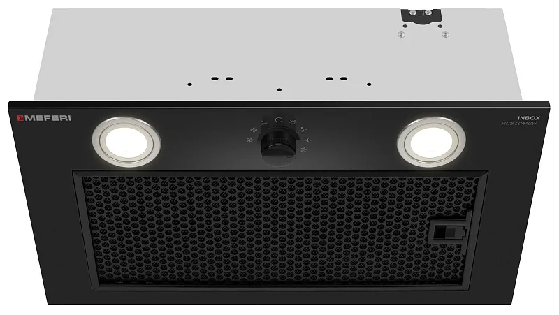 Вытяжка кухонная MEFERI INBOX52BK PUSH COMFORT, 52 см, встраиваемая, черная, производительность 950 м3/ч, 3 скорости, с утапливаемым переключателем, низкий уровень шума, режимы отвод и рециркуляция, гарантия 3 года