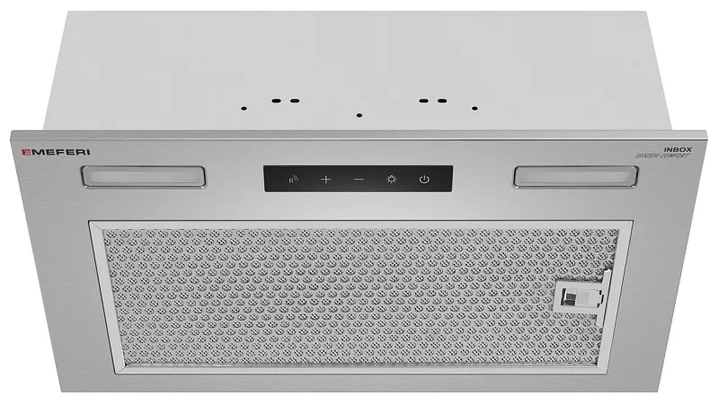 Вытяжка кухонная MEFERI INBOX52IX SENSOR COMFORT, 52 см, встраиваемая, серая, производительность 950 м3/ч, 3 скорости, низкий уровень шума, режимы отвод и рециркуляция, сенсорное управление, пульт дистанционного управления, гарантия 3 года