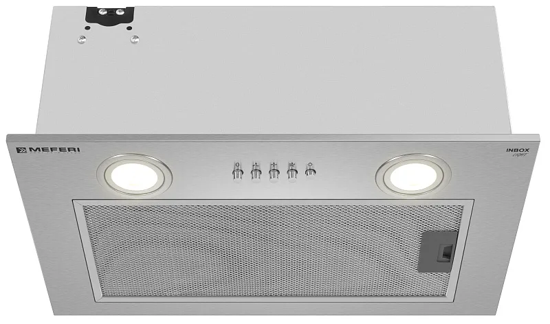 Вытяжка кухонная MEFERI INBOX45IX LIGHT, 45 см, встраиваемая, серая, производительность 650 м3/ч, 3 скорости, низкий уровень шума, режимы отвод и рециркуляция, гарантия 3 года
