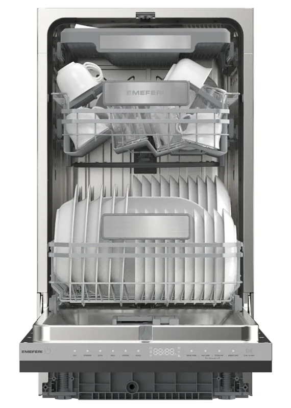 Посудомоечная машина узкая встраиваемая с инвертором MEFERI MDW4593 LUXE, 45 см, 10 комплектов посуды, аквастоп, проекция обратного отсчёта времени, внутренняя подсветка, половинная загрузка, таймер - изображение posudomoechnaya_mashina_vstraivaemaya_s_invertorom_mdw4593_luxe  