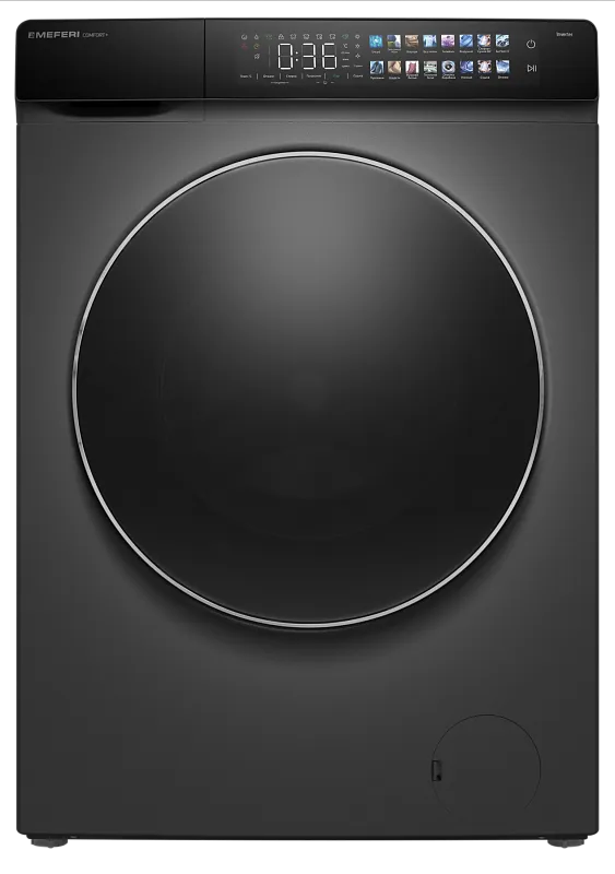 Стиральная машина с сушкой 2 в 1, инвертором и паром MEFERI MFWD1281416GR COMFORT PLUS отдельностоящая серая, загрузка 12 кг стирка, 8 кг сушка - изображение stiralnaya_mashina_s_sushkoy_invertorom_i_parom_otdelnostoyashchaya_mfwd1281416gr_comfort_plus  