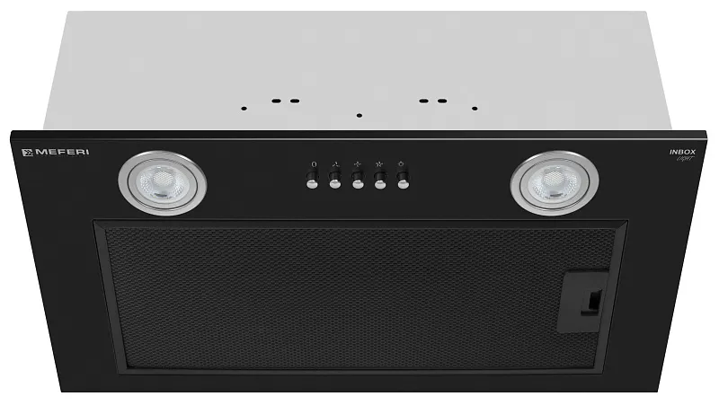 Вытяжка кухонная MEFERI INBOX52BK LIGHT, 52 см, встраиваемая, черная, производительность 650 м3/ч, 3 скорости, низкий уровень шума, режимы отвод и рециркуляция, гарантия 3 года