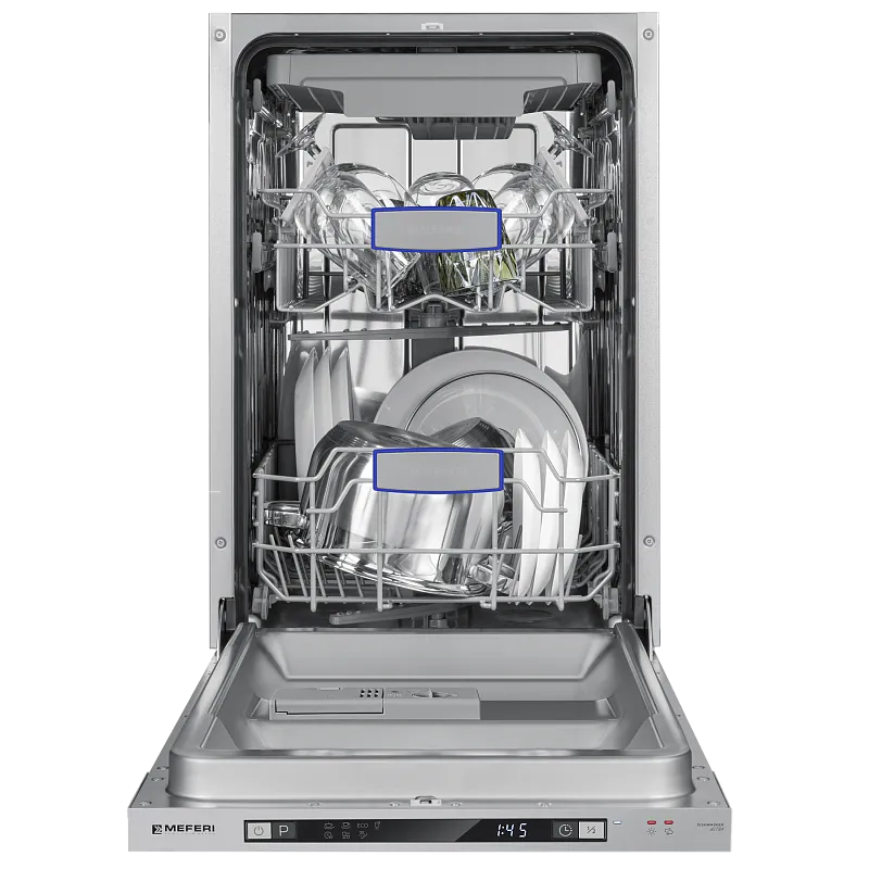 Посудомоечная машина узкая встраиваемая MEFERI MDW4573 ULTRA, 45 см, 10 комплектов посуды, 7 программ, 3 корзины, защита от протечек, луч на полу, внутренняя подсветка, половинная загрузка, отсрочка, таймер - изображение posudomoechnaya_mashina_vstraivaemaya_mdw4573_ultra  