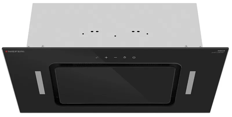 Вытяжка кухонная MEFERI INBOX60BK GLASS COMFORT, 60 см, встраиваемая, черная, стекло, производительность 950 м3/ч, 3 скорости, низкий уровень шума, режимы отвод и рециркуляция, пульт дистанционного управления, гарантия 3 года