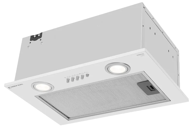 Фото vytyazhka_polnovstraivaemaya_inbox45wh_light на сайте meferi-home.ru Вытяжка кухонная MEFERI INBOX45WH LIGHT, 45 см, встраиваемая, белая, производительность 650 м3/ч, 3 скорости, низкий уровень шума, режимы отвод и рециркуляция, гарантия 3 года - изображение vytyazhka_polnovstraivaemaya_inbox45wh_light
