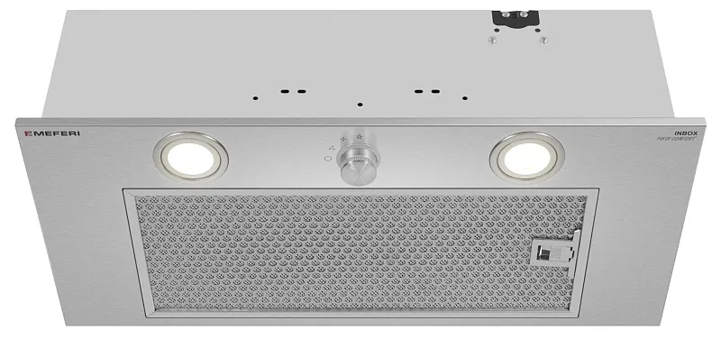 Вытяжка кухонная MEFERI INBOX60IX PUSH COMFORT, 60 см, встраиваемая, серая, производительность 950 м3/ч, 3 скорости, с утапливаемым переключателем, низкий уровень шума, режимы отвод и рециркуляция, гарантия 3 года