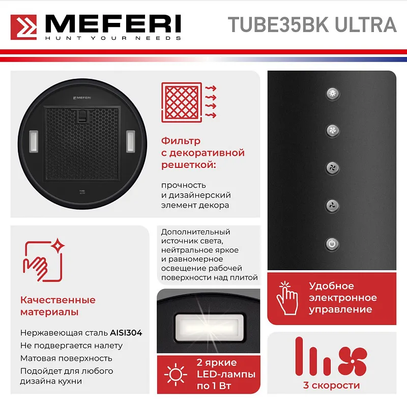 Вытяжка кухонная цилиндрическая настенная MEFERI TUBE35BK ULTRA, 35 см, черная, производительность 1200 м3/ч, 3 скорости, низкий уровень шума, режимы отвод и рециркуляция, гарантия 3 года