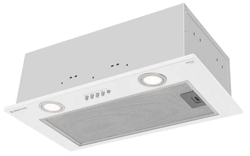 Фото vytyazhka_polnovstraivaemaya_inbox52wh_light на сайте meferi-home.ru Вытяжка кухонная MEFERI INBOX52WH LIGHT, 52 см, встраиваемая, белая, производительность 650 м3/ч, 3 скорости, низкий уровень шума, режимы отвод и рециркуляция, гарантия 3 года - изображение vytyazhka_polnovstraivaemaya_inbox52wh_light