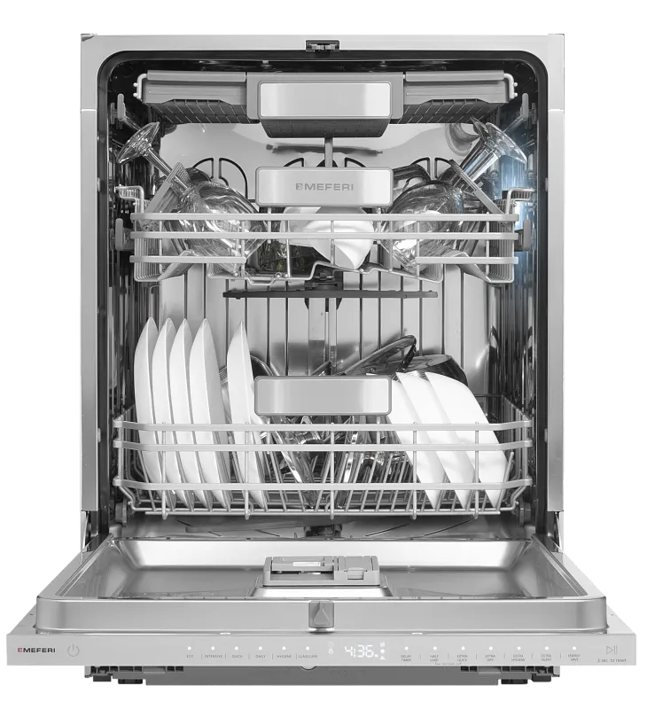 Посудомоечная машина встраиваемая с инвертором MEFERI MDW6093 LUXE 60 см, 16 комплектов посуды, 6 программ, автооткрывание, аквастоп, луч на полу, внутренняя подсветка, половинная загрузка, отсрочка - изображение posudomoechnaya_mashina_vstraivaemaya_s_invertorom_mdw6093_luxe  