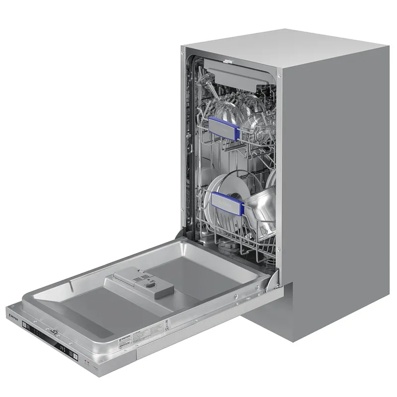 Посудомоечная машина узкая встраиваемая MEFERI MDW4573 ULTRA, 45 см, 10 комплектов посуды, 7 программ, 3 корзины, защита от протечек, луч на полу, внутренняя подсветка, половинная загрузка, отсрочка, таймер