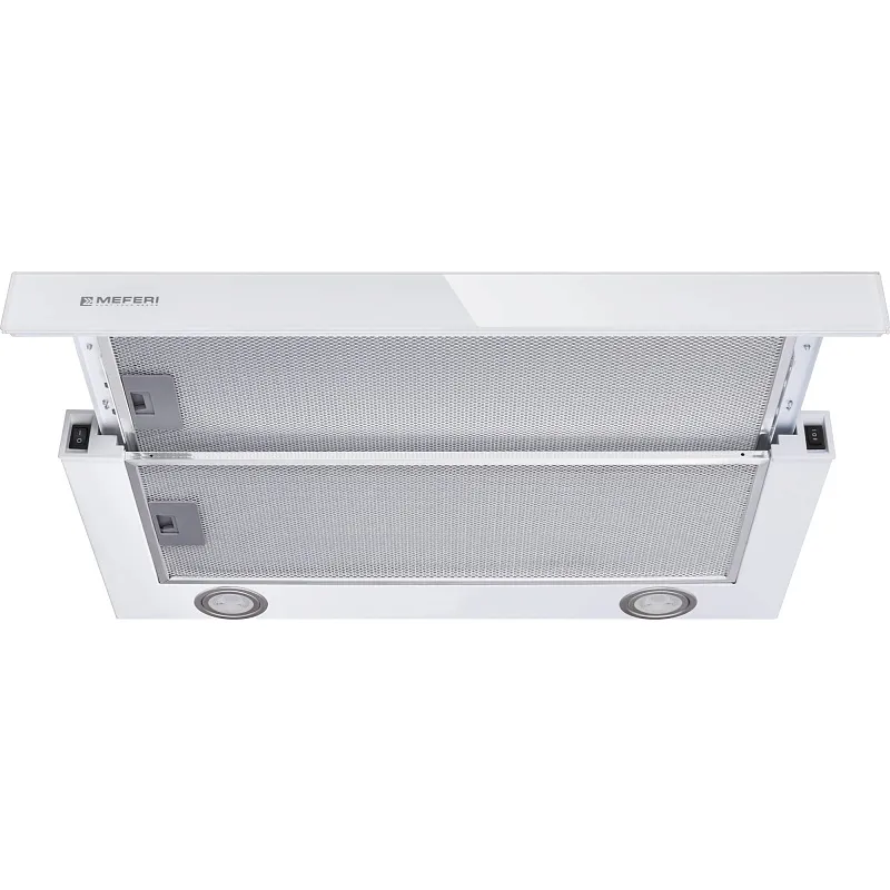 Вытяжка телескопическая кухонная MEFERI SLIDEBOX60WH GLASS ULTRA, 60 см, белая, стекло, производительность 850 м3/ч, 2 скорости, низкий уровень шума, режимы отвод и рециркуляция, гарантия 3 года