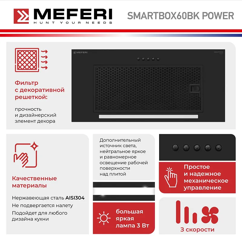 Вытяжка кухонная MEFERI SMARTBOX60BK POWER, 60 см, встраиваемая, черная, производительность 900 м3/ч, 3 скорости, низкий уровень шума, режимы отвод и рециркуляция, гарантия 3 года