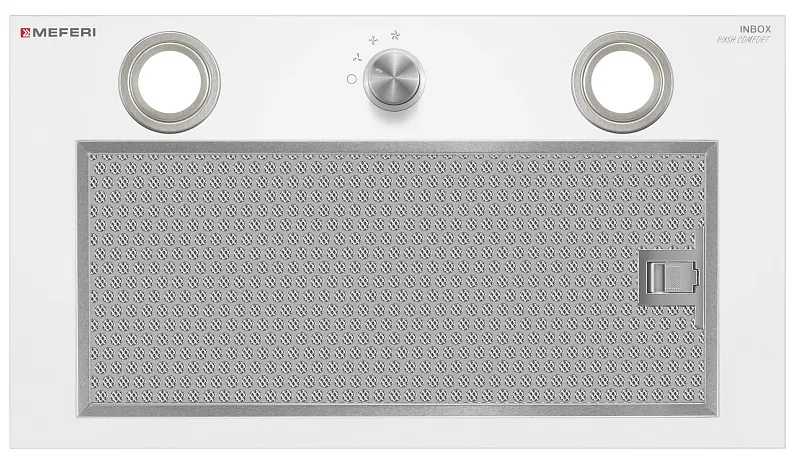 Вытяжка кухонная MEFERI INBOX52WH PUSH COMFORT, 52 см, встраиваемая, белая, производительность 950 м3/ч, 3 скорости, с утапливаемым переключателем, низкий уровень шума, режимы отвод и рециркуляция, гарантия 3 года