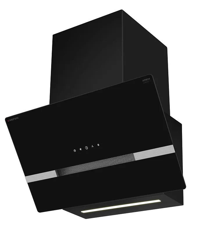 Вытяжка кухонная MEFERI AIRBOX60BK COMFORT PLUS, 60 см, наклонная, черная, стекло, производительность 1200 м3/ч, 3 скорости, низкий уровень шума, режимы отвод и рециркуляция, гарантия 3 года