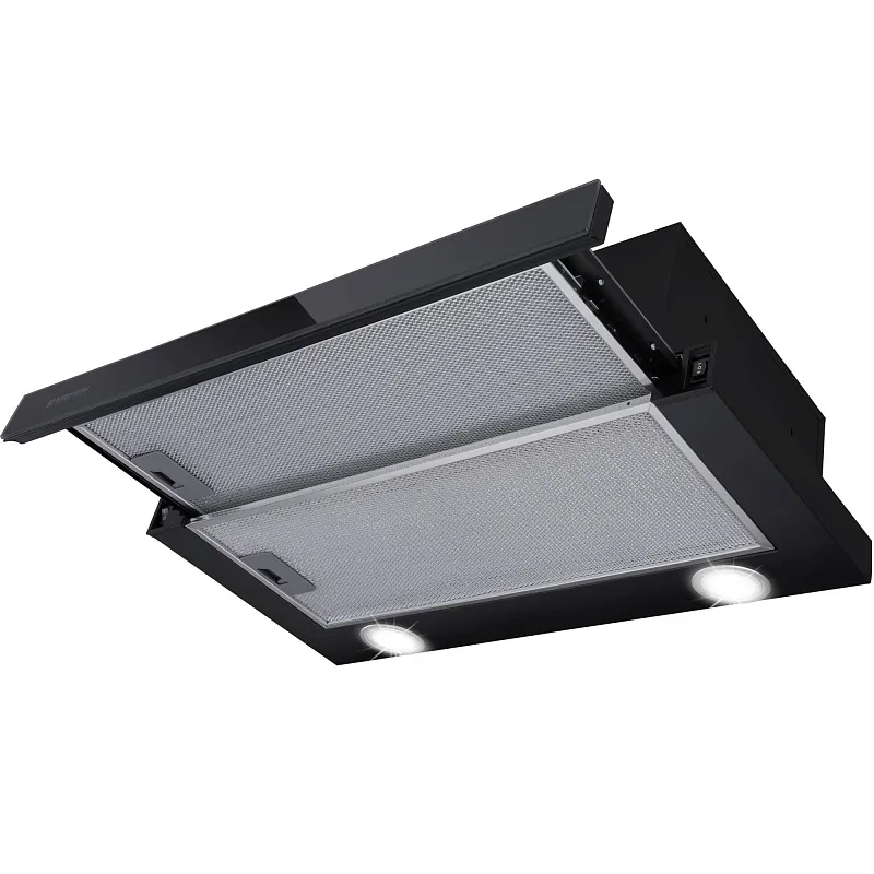 Вытяжка телескопическая кухонная MEFERI SLIDEBOX60BK GLASS ULTRA, 60 см, черная, стекло, производительность 850 м3/ч, 2 скорости, низкий уровень шума, режимы отвод и рециркуляция, гарантия 3 года