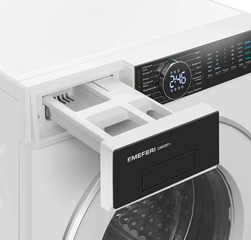 Стиральная машина с сушкой 2 в 1, инвертором и паром MEFERI MFWD1071216WH COMFORT PLUS (модификация 2026 года) отдельностоящая белая, с прямым приводом, загрузка 10 кг стирка, 7 кг сушка