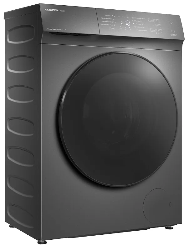 Стиральная машина с паром узкая MEFERI MFW081210GR POWER отдельностоящая серая, глубина 38,5 см, загрузка 8 кг