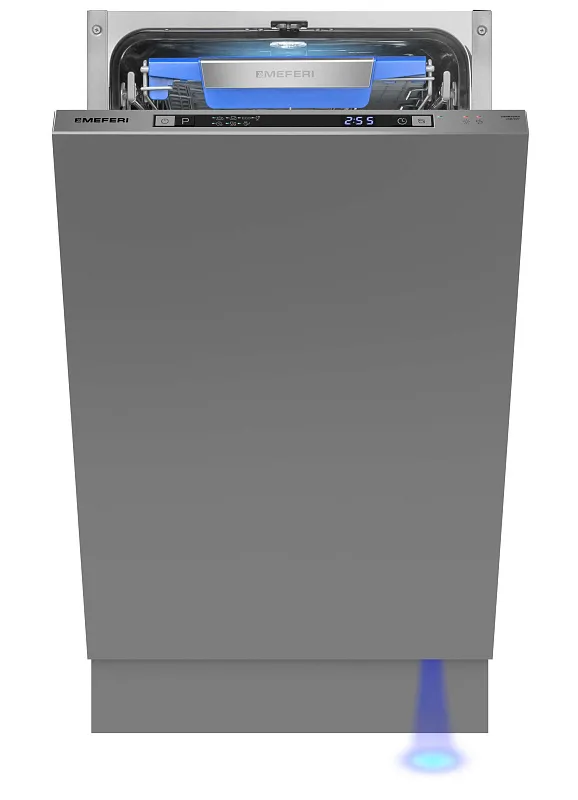 Посудомоечная машина узкая встраиваемая MEFERI MDW4573 COMFORT, 45 см, 10 комплектов посуды, с автооткрыванием, с аквастопом, луч на полу, внутренняя подсветка,отсрочка, таймер